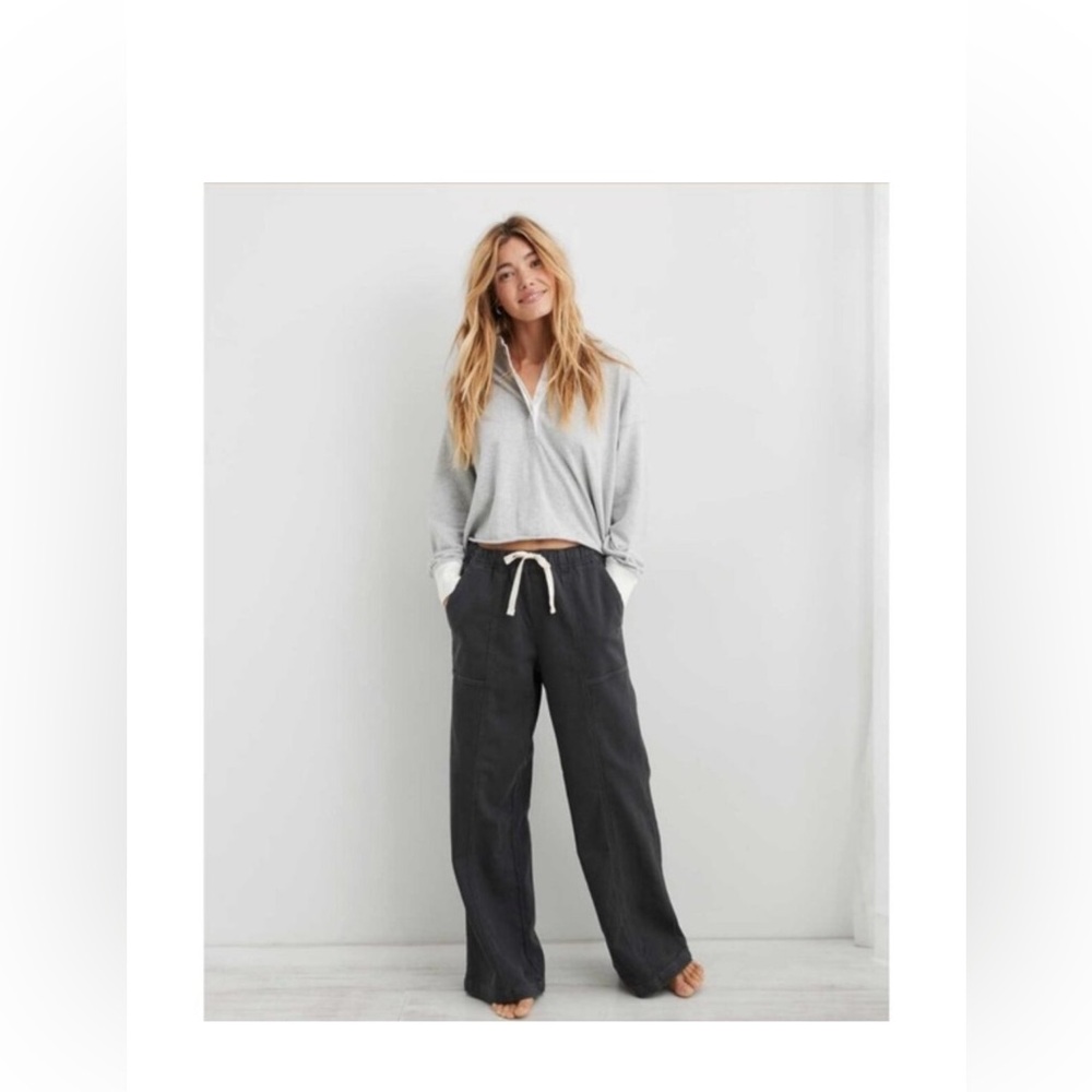 Aerie Smoked Gray Me-Day Tie Waist Casual Wide Leg Pants